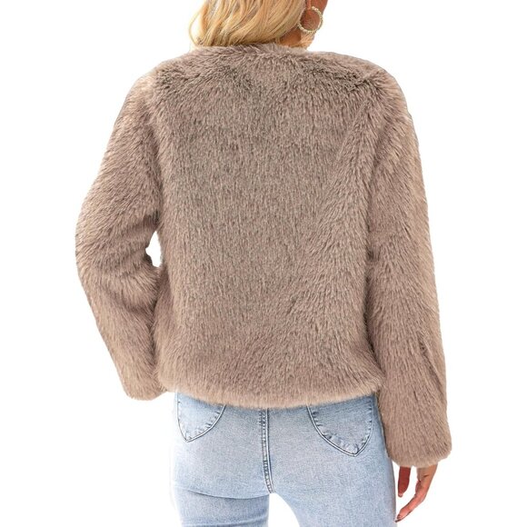 〽️Women's Khaki PRETTYGARDEN Winter Cropped Faux Fur Warm Outerwear Jacket - Picture 2 of 8